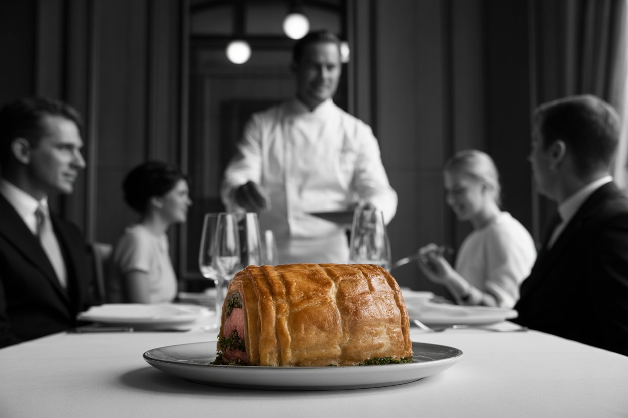 Beef Wellington presented tableside, standing out in color against a black and white fine dining scene