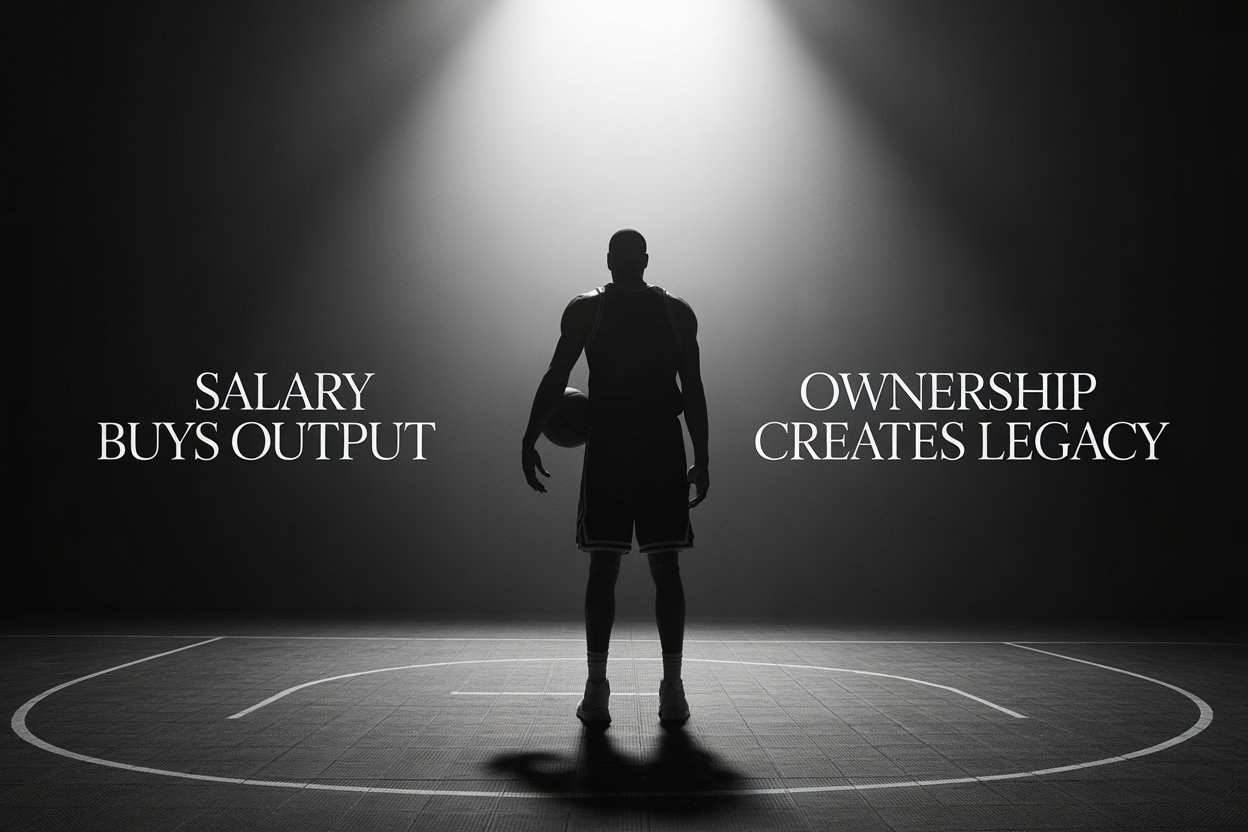 Symbolic silhouette of a legendary basketball player under spotlight, representing ownership vs salary and leadership mindset in hospitality.