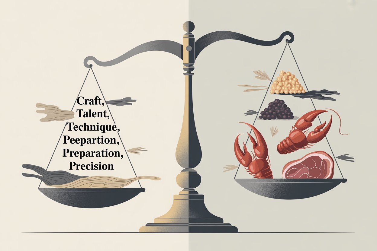 Conceptual image showing craftsmanship and culinary technique outweighing luxury ingredients like caviar, truffle, lobster, and wagyu on a balance scale