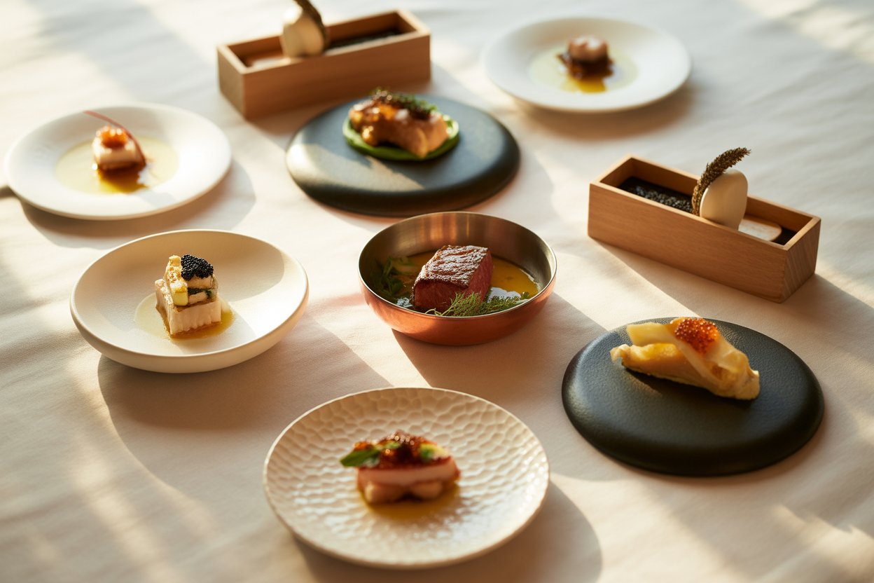 Fine dining tasting menu dishes arranged on a minimalist table in warm natural light, each plate topped with a small, precise portion of caviar, showcasing intentional luxury and high-end hospitality.