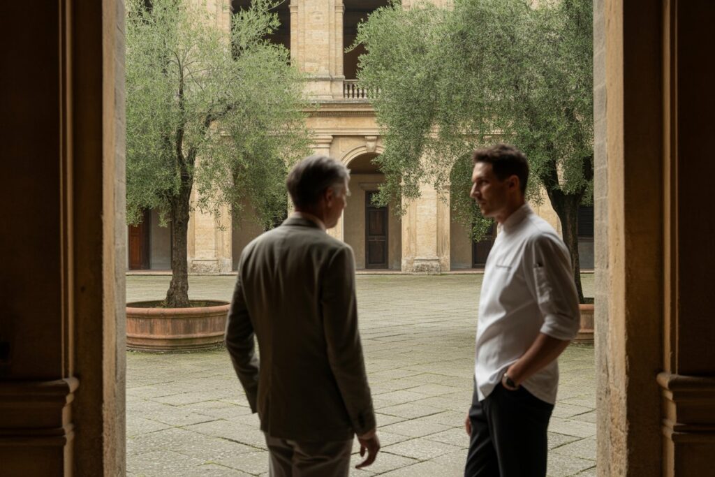 A distant, faceless conversation between an ultra-high-net-worth property owner and a chef in a Tuscan palazzo courtyard, symbolizing precision, trust, and understanding in luxury hospitality.