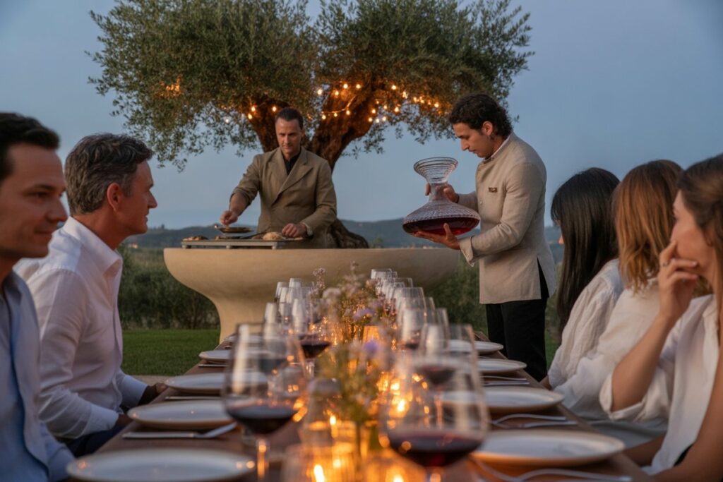 Tuscan estate garden dinner with a long candlelit table, minimalist tableware, outdoor limestone show kitchen, and chef preparing food in front of guests, capturing quiet luxury and refined hospitality.