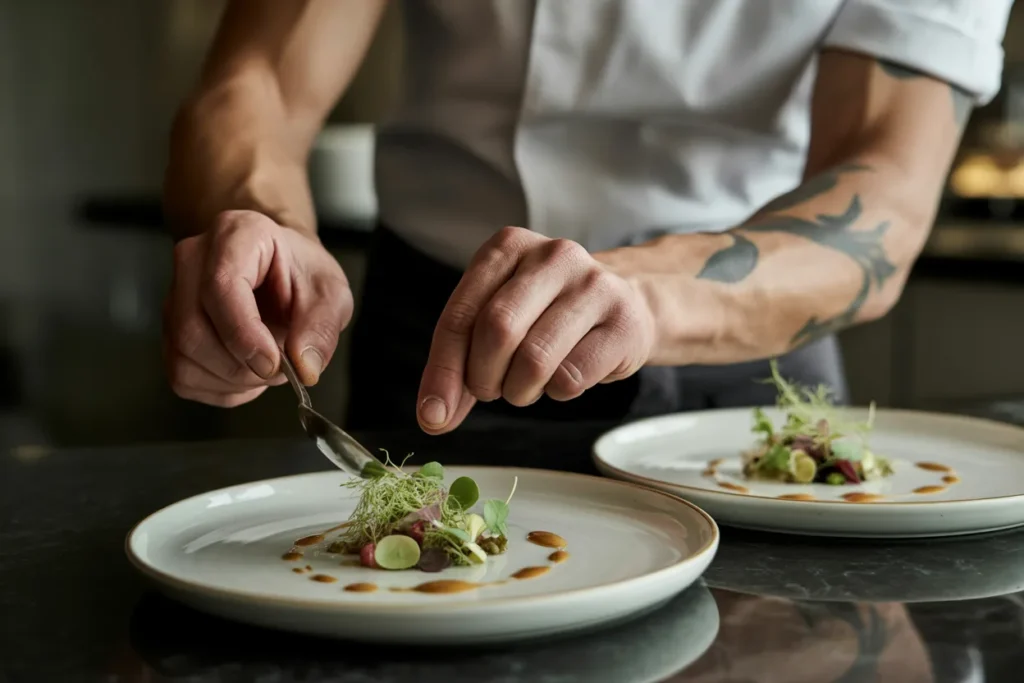 Hands of a tattooed chef gracefully plating a refined fine dining dish on minimalist tableware. The motion conveys precision, skill, and professional mastery. Natural muted colors and soft ambient lighting create an elegant, minimalistic atmosphere.
