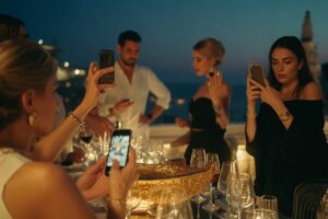 Show-off economy hospitality concept in a luxury rooftop restaurant filled with status-driven guests.