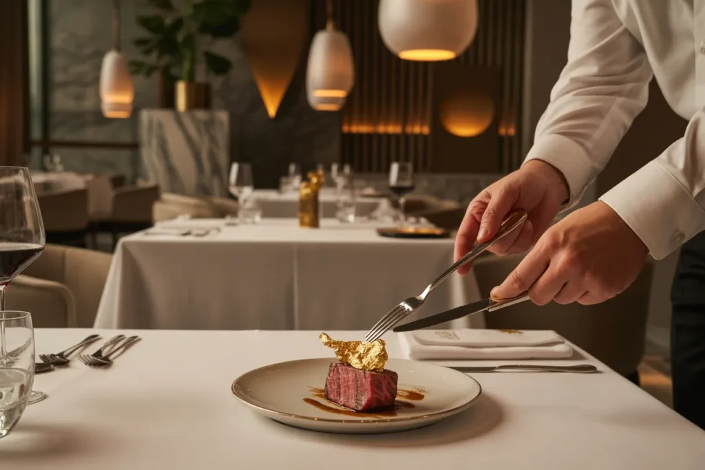 Status-driven restaurant interior illustrating the show-off economy in hospitality and identity-based dining. the popular dish served wagyu with gold