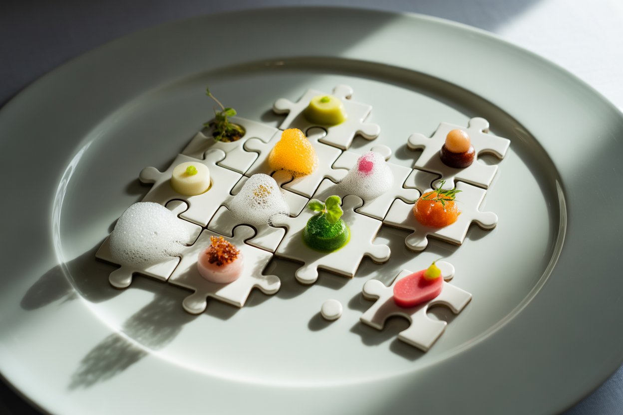 fine dining plating as puzzle concept with minimalist composition and precise elements